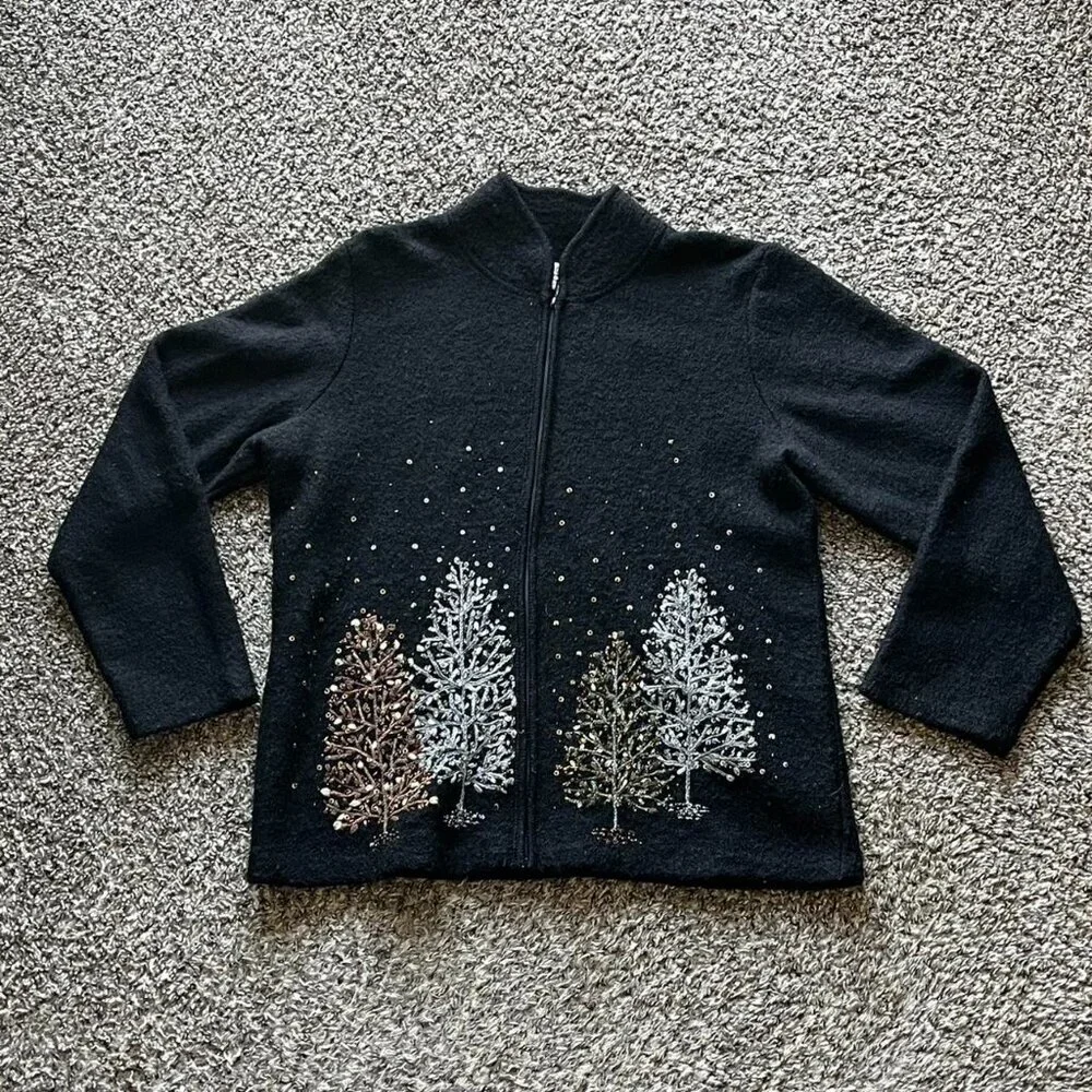 Vintage Coldwater Creek 100% Wool Black Sweater Women Large 80s Grandma Sequins - Picture 1 of 8